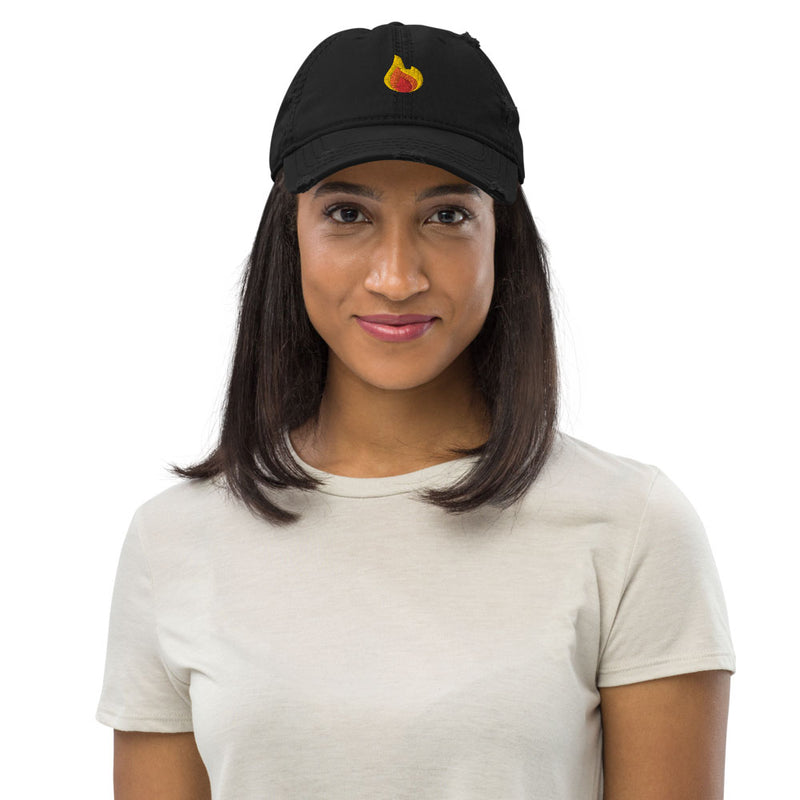 Flame Fire Emoji Embroidered Distressed Dad Hat