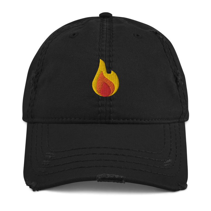 Flame Fire Emoji Embroidered Distressed Dad Hat