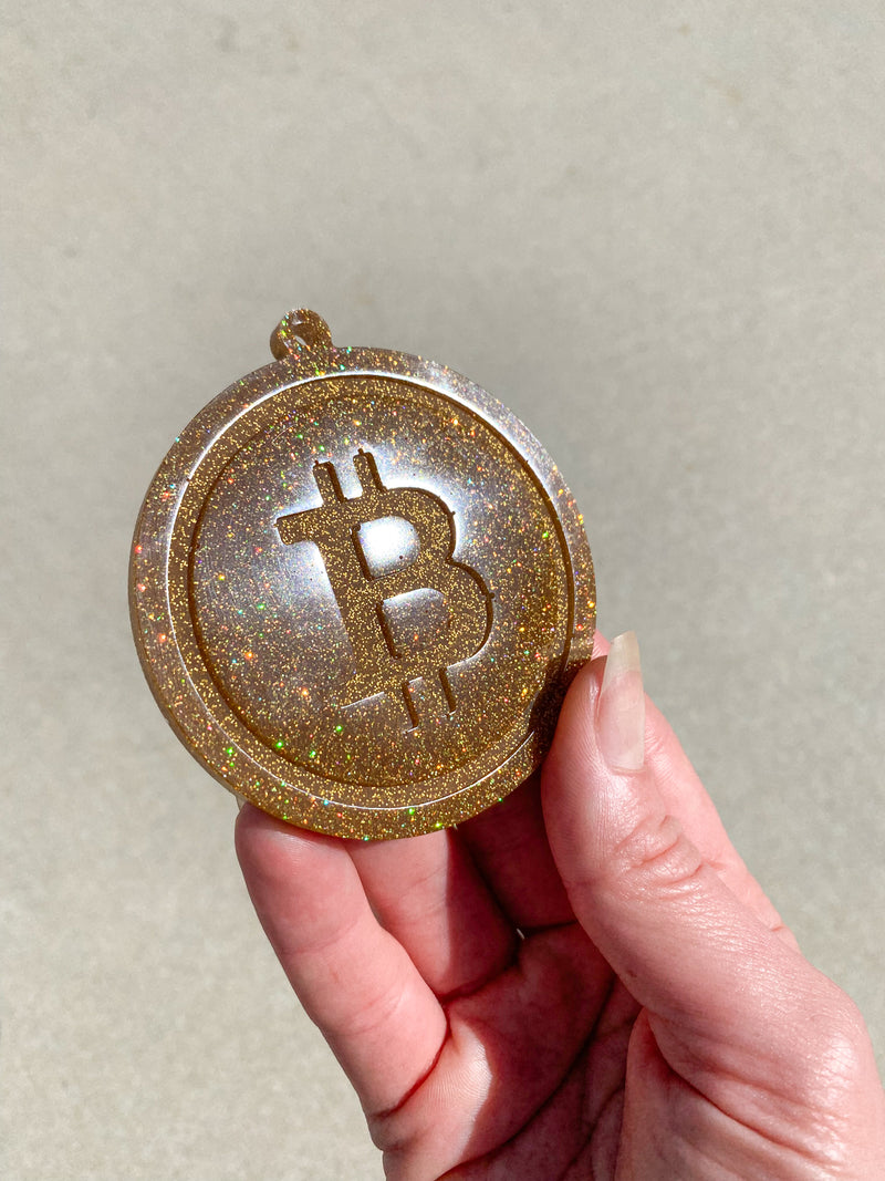 Gold Glitter Bitcoin Keychain Craft - Holographic Gold Glitter Bitcoin Epoxy Resin Keychain Piece