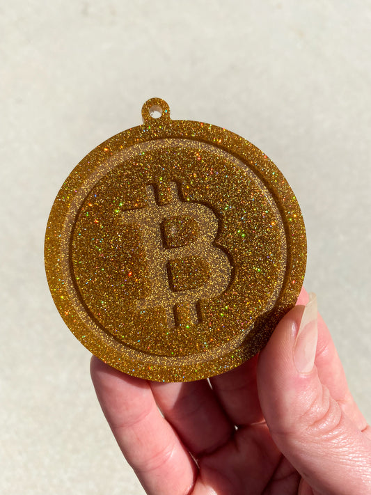 Gold Glitter Bitcoin Keychain Craft - Holographic Gold Glitter Bitcoin Epoxy Resin Keychain Piece