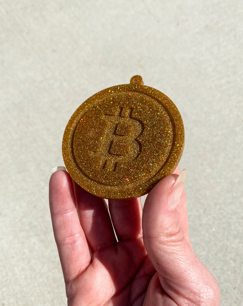 Gold Glitter Bitcoin Keychain Craft - Holographic Gold Glitter Bitcoin Epoxy Resin Keychain Piece