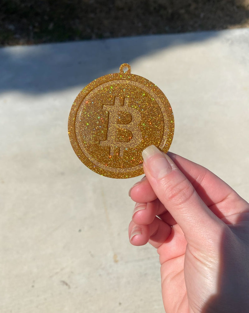 Gold Glitter Bitcoin Keychain Craft - Holographic Gold Glitter Bitcoin Epoxy Resin Keychain Piece