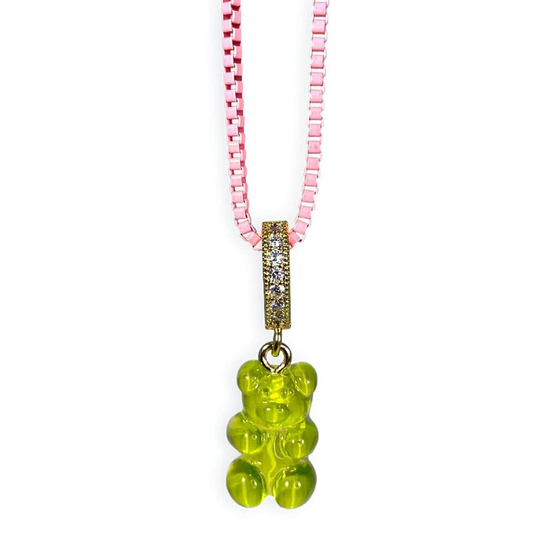 gummy bear necklace, green, pink chain - dryp factory
