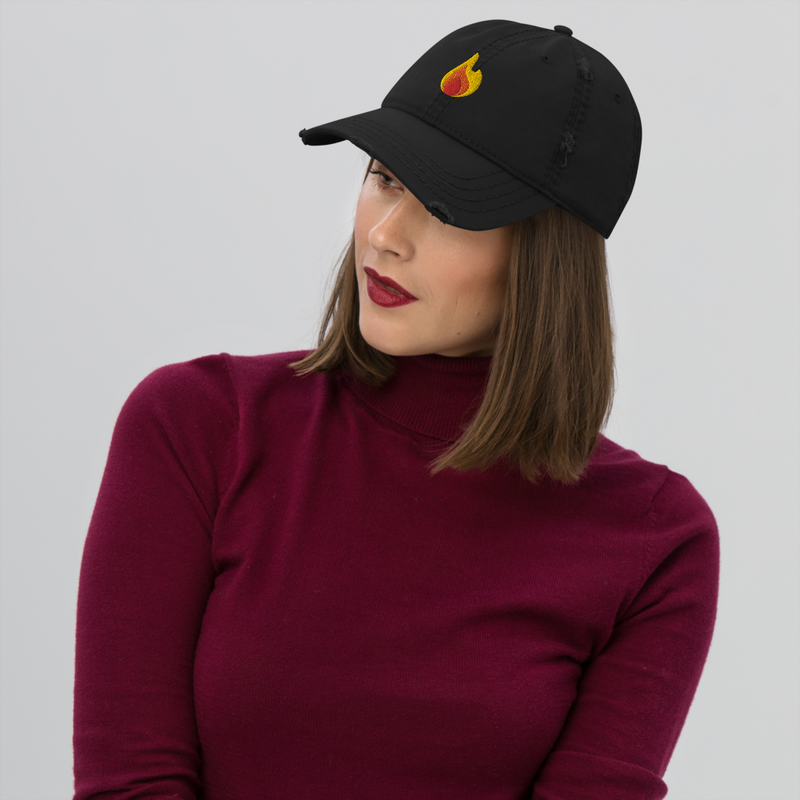 Flame Fire Emoji Embroidered Distressed Dad Hat