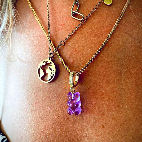 girl wearing a gummy bear necklace, purple on 18k gold chain - Dryp Factory