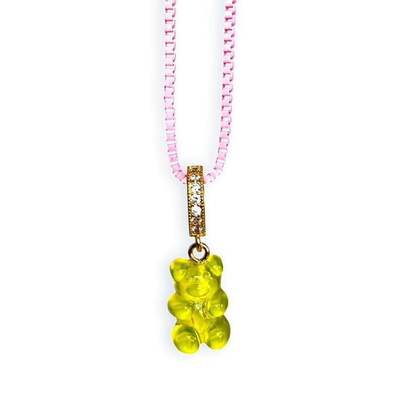 gummy bear necklace, yellow, pink chain - dryp factory