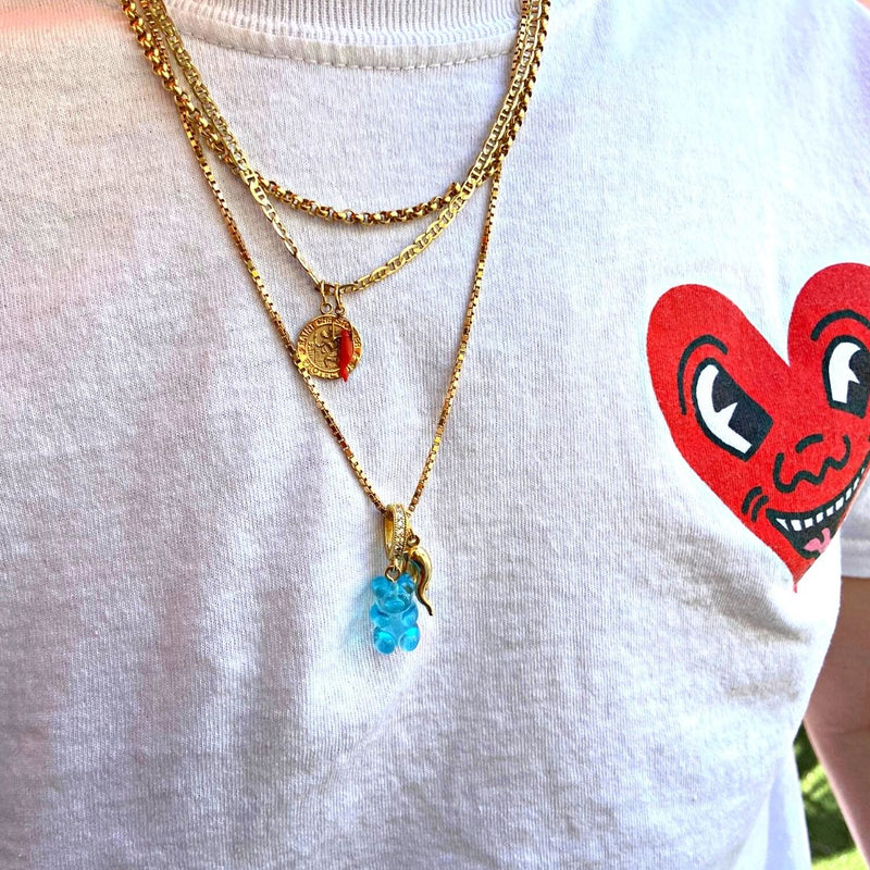 18k gold gummy bear necklace, blue - Dryp Factory